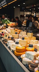 Artisanal Cheese Display: A captivating display of artisanal cheeses in a gourmet shop, showcasing a variety of textures and flavors, creating a feast for the eyes and a delight for the palate.