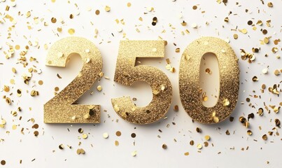 Shiny Golden Glitter Numbers 250 Surrounded by Sparkling Confetti