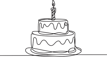 Tiered birthday cake with lit candle rendered in black continuous line art style on a white background showing minimalist and elegant vector illustration concept