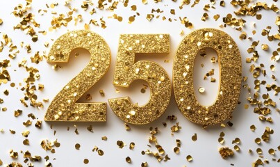 Glimmering Gold Number 250 Surrounded by Shiny Confetti Pieces