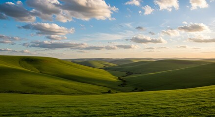 Fototapeta premium Rolling green hills under a blue sky with scattered clouds at sunset creating a serene landscape view