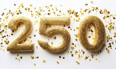 Golden Glittery Number 250 with Festive Confetti for Celebrations