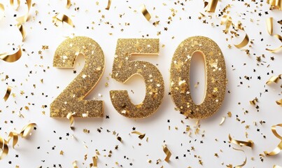 Golden Glittering Number Two Hundred Fifty with Celebration Elements
