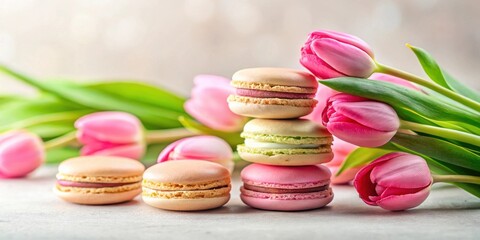 Delightful pastel macarons nestled amongst a bouquet of delicate pink tulips, a charming spring scene