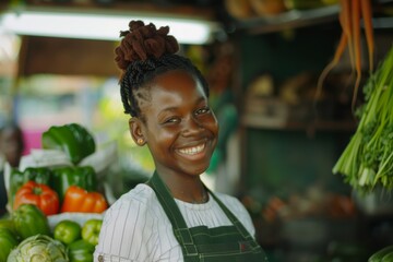 Smiling African American woman standing at vegetables stall and selling to customers at market place