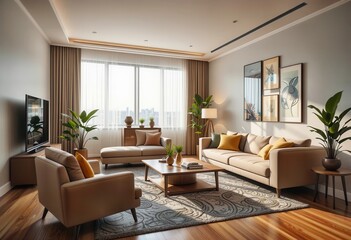 Stylish living room featuring modern decor and natural light in an urban apartment