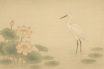 Naklejka premium White heron standing in serene pond with lotus blossoms 