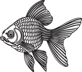 Minimalist line drawing of a veiltail goldfish in black continuous stroke style on a clean white background offering modern simple art in monochrome illustration