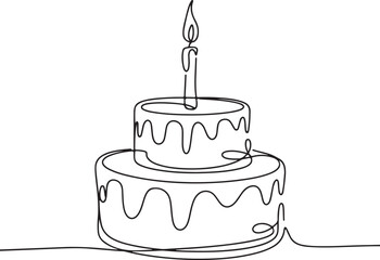 Continuous line art of a birthday cake with a single candle on top drawn in black isolated on a white background with simple modern design and elegant composition