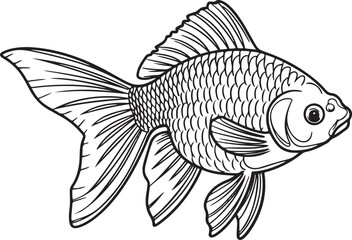 Elegant veiltail goldfish in black continuous line drawing style floating isolated on a bright white background showcasing clean minimal artistic linear design