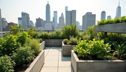 Fototapeta premium Rooftop garden lush with herbs and leafy greens against city skyline