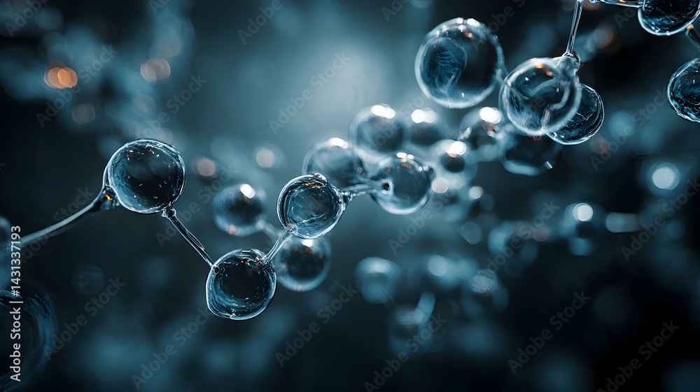 Poster intricate molecular architecture showing chains of spheres connecting in a complex arrangement struc