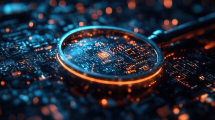 Ring with intricate circuit board design illuminated in blue and orange light.