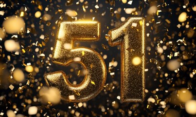 Golden Glittering Number 51 with Confetti for Celebration Events