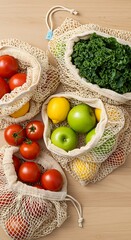 Fresh Produce in Reusable Eco-Bags: A vibrant composition of ripe, fresh produce neatly packed in reusable eco-friendly bags, showcasing a commitment to sustainable living.