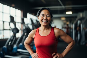 Fototapeta premium Smiling portrait of a middle aged slightly overweight woman in a gym in sports clothes