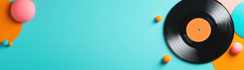 A vibrant layout featuring a vinyl record and colorful geometric shapes against a turquoise background.