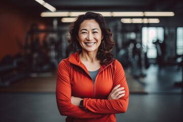 Smiling portrait of a middle aged slightly overweight woman in a gym in sports clothes