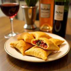 Plato de empanadillas fritas en forma triangular, con relleno de vegetales salteados, servido sobre plato de porcelana blanca. Al fondo, copa de vino tinto y botellas decorativas