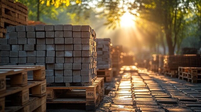 Fototapeta Stacks of gray bricks on wooden pallets outdoors sunlight shining through trees.