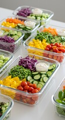 Prepared Meal Preps: Colorful and healthy vegetable salads in individual glass containers, ready for meal prepping. A perfect visual for healthy eating, diet, and meal planning.