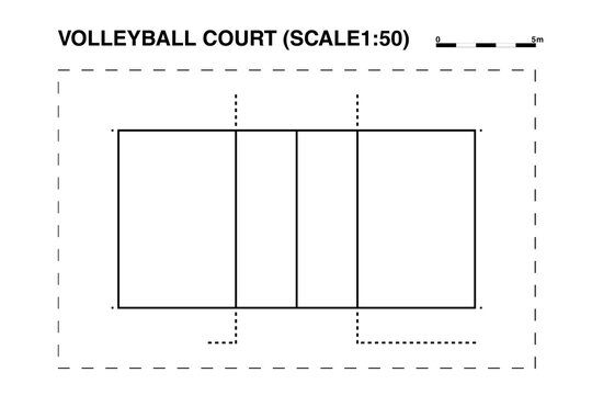 Diagram a standard volleyball court layout with transparent background, show boundaries, attack lines, and service zones. Ideal for coaching, venue planning, or educational presentations.