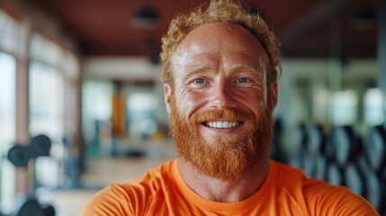 Fototapeta premium Smiling caucasian male adult with red hair in gym setting.