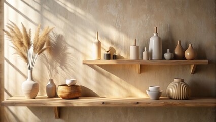 Sunlit Wooden Shelves Displaying Earthenware and Dried Flowers in a Minimalist Setting