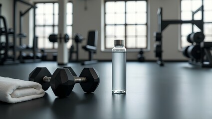 Fototapeta premium 3D rendering, dumbbells on the floor in concept fitness room with training equipments in the back