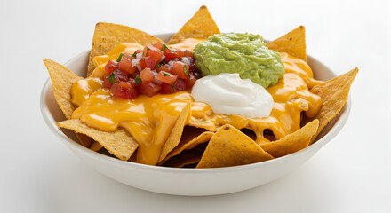 A bowl of cheesy nachos topped with guacamole, pico de gallo, and sour cream on a white background