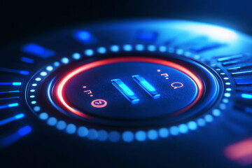 Futuristic illuminated control panel interface glowing blue and red lights