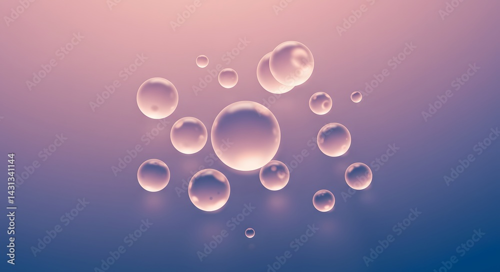 Poster abstract image of transparent spheres of varying sizes floating on a gradient background color schem