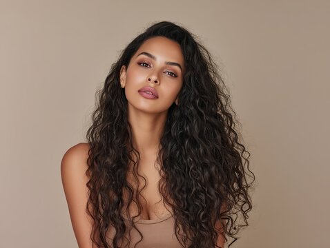 Beautiful girl with long curly hair posing on white background, high detail stock with copy space, perfect for website mockup, hairstyle showcase, and hair salon service.