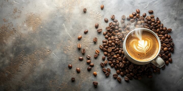 Aromatic Steam Rising from a Cup of Latte Art Coffee Surrounded by Roasted Coffee Beans on a Textured Surface