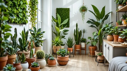 Fototapeta premium Lush Indoor Garden with Various Potted Plants and Greenery in Bright Sunlit Space