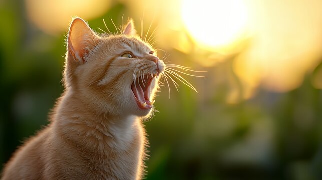 Orange tabby cat yawning in sunlight
