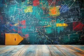 Wooden arrow points towards colorful painted wall with abstract markings