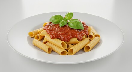 Close up of rigatoni pasta with tomato sauce and basil on a white plate in a bright setting