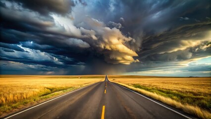 Fototapeta premium Asphalt ribbon stretching towards a dramatic sky, a vast golden field flanking its path, under a breathtaking display of nature's power.