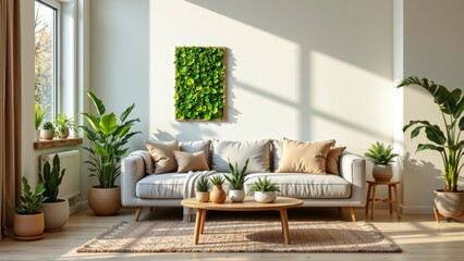 Modern Living Room with Green Plants, Cozy Sofa, Bright Sunlight and Natural Elements