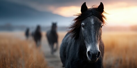 Majestic black horses running in a golden field during sunset in a serene landscape environment