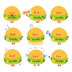 Collection of nine adorable cartoon Burgers with various expressions and engaging actions, perfect for playful designs.