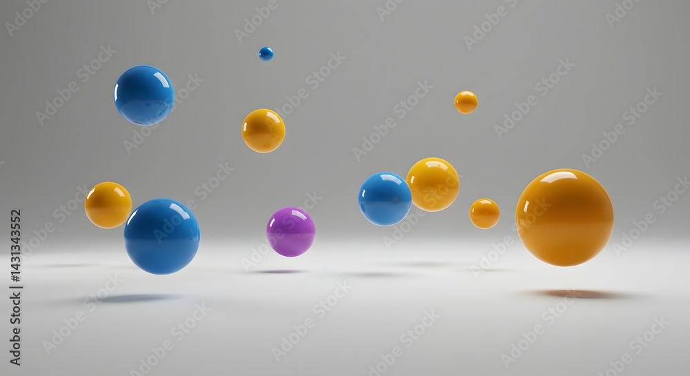 Poster a minimalist scene featuring floating colorful spheres on a gradient gray background with soft shado