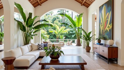 Fototapeta premium Modern tropical living room with large windows and lush greenery in serene indoor space
