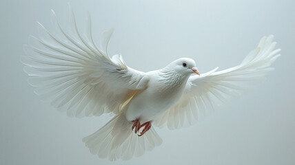 Fototapeta premium A pristine white dove in flight, wings outstretched, against a muted background.