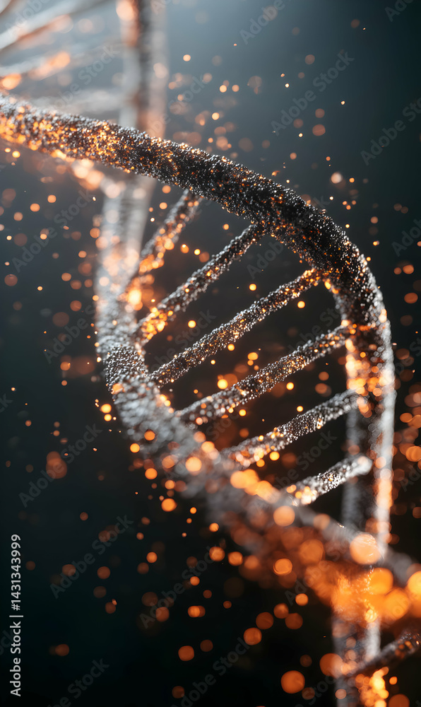 Poster abstract representation of genetic code with a helix structure and surrounding glowing elements