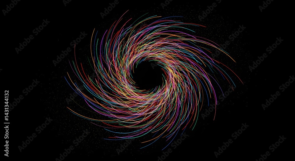 Poster a swirling vortex of multicolored lines against a black background creating an abstract design