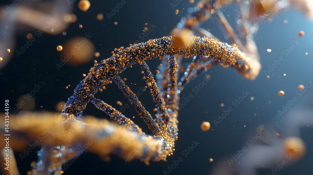 Poster abstract dna helix model with floating particles showing a technological and scientific visualizatio
