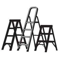 Collection of metal ladders. Different types of stepladders. Flat Vector Black silhouettes. with white background
