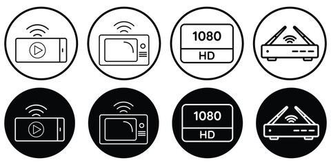 Video streaming icon set for smart tv mobile device router media player technology symbol vector illustration in black white style.